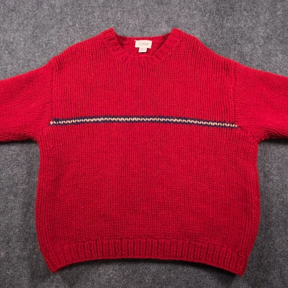 J.Crew Hand Knit Crewneck Sweater Mens XL Red Wool Striped Pullover